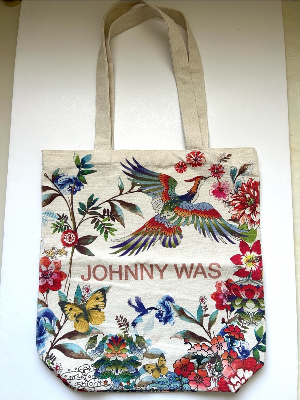 Johnny Was Cream Canvas Tote with Multicolor Floral & Bird Motif